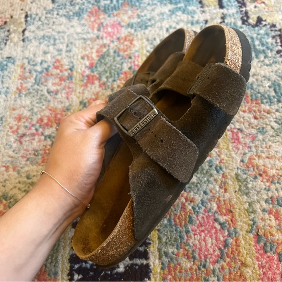 Birkenstock Brown Suede Arizona Soft Footbed Double Strap Buckle Sandals - Picture 2 of 6